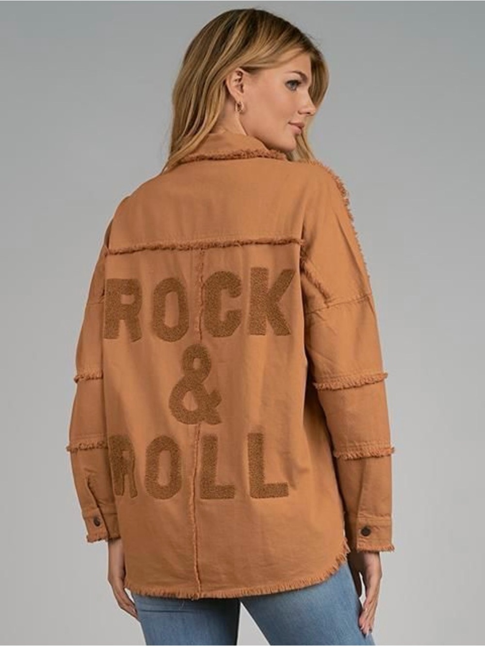 Elan Devan Distressed Denim Rock & Roll Jacket Shacket Tan Sz S NWT